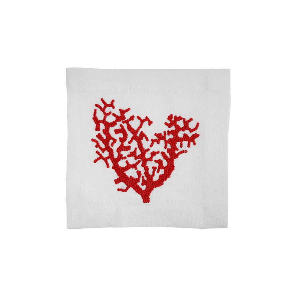 Red Coral Pure Linen Coaster- 4 per pack, featuring an elegant red coral embroidery on white linen, perfect for enhancing special table setups.