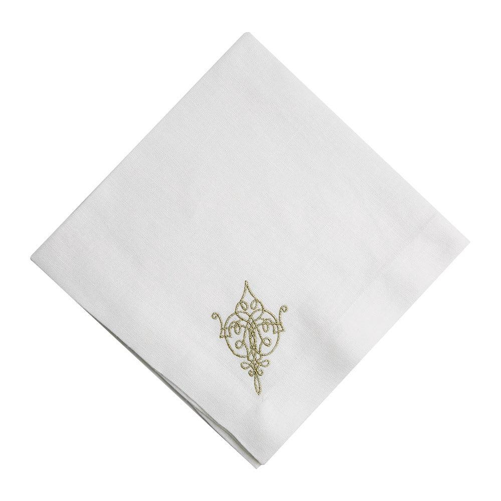 Oriental Pure Linen Dinner Napkin, 2 per pack, featuring elegant gold embroidery on white linen, ideal for enhancing special table settings.