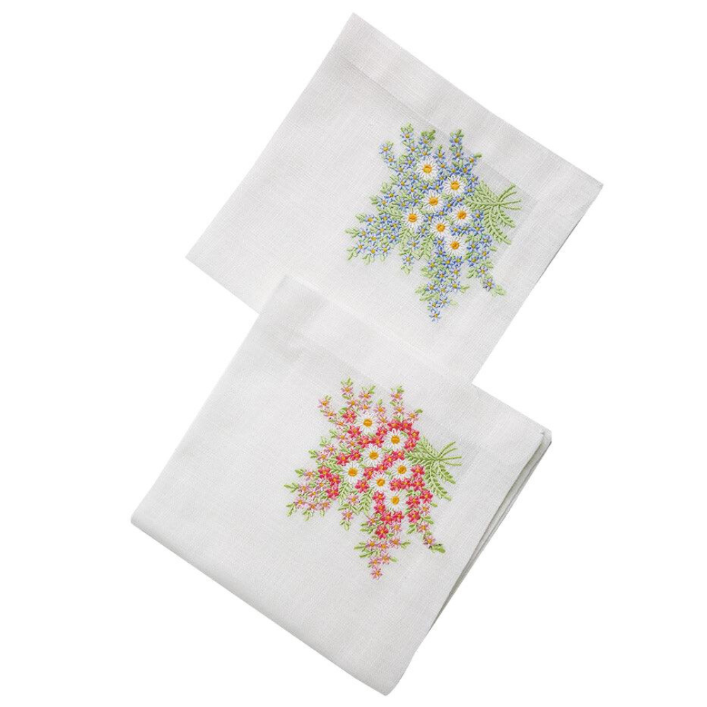 Daisy Pure Linen Dinner Napkin, Pink- 2 per pack, featuring elegant embroidered flowers, ideal for enhancing special table setups with a luxury touch.