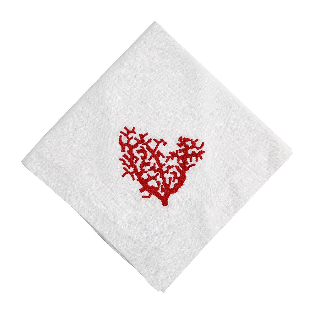 Pure linen dinner napkin with red heart embroidery, 2-pack, perfect for elegant table settings and special occasions.