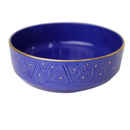 Marrakesh Engraved Ceramic Salad Bowl with gold trim and intricate designs, ideal for enhancing stylish dining setups.