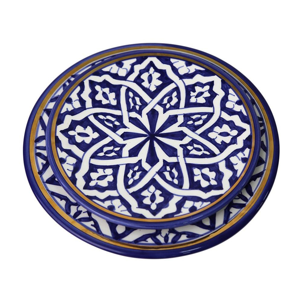 Marrakesh Patterned Ceramic Plate stack, featuring intricate blue and white motifs, ideal for complete table service.