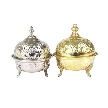 Moroccan Mini Bowl set: two round metal containers with lids, ideal for dining setups or home decoration.