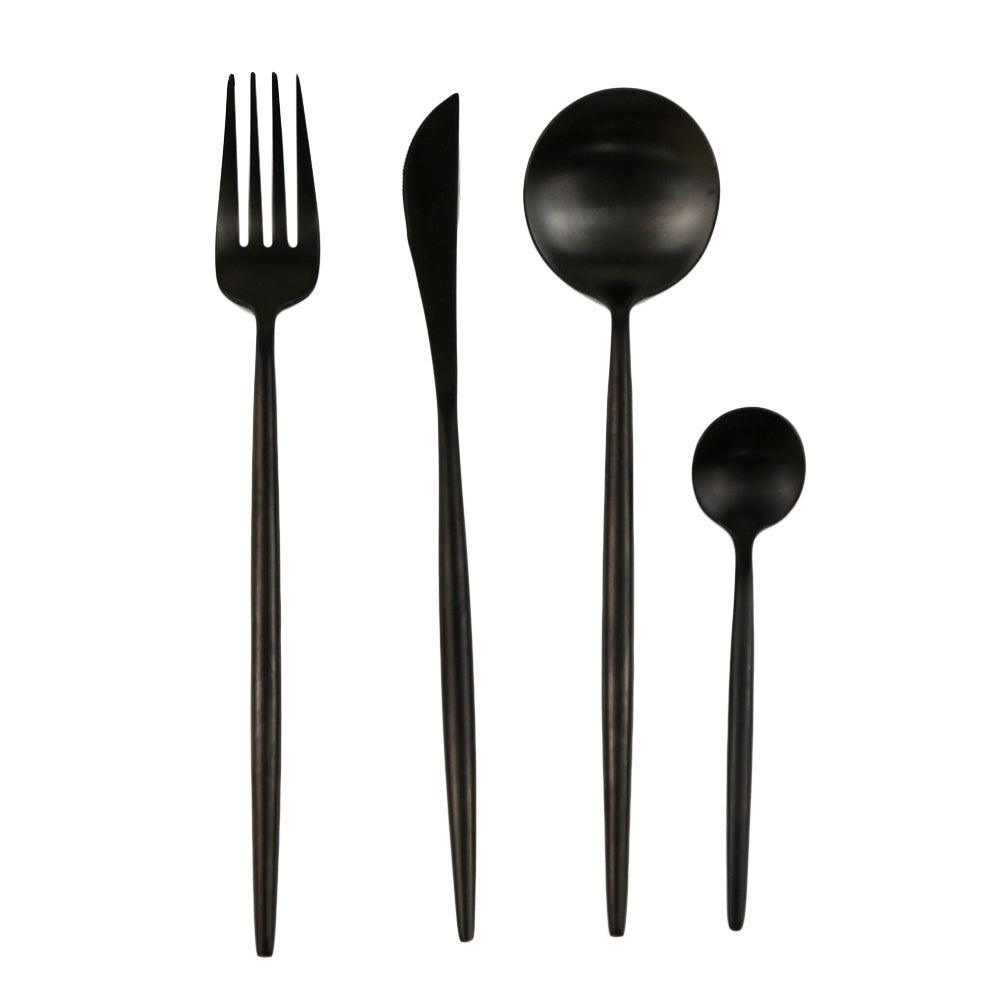 Simple Black Cutlery Set of 4, including spoon, fork, and knife, perfect for enhancing black-themed table setups at parties and events.