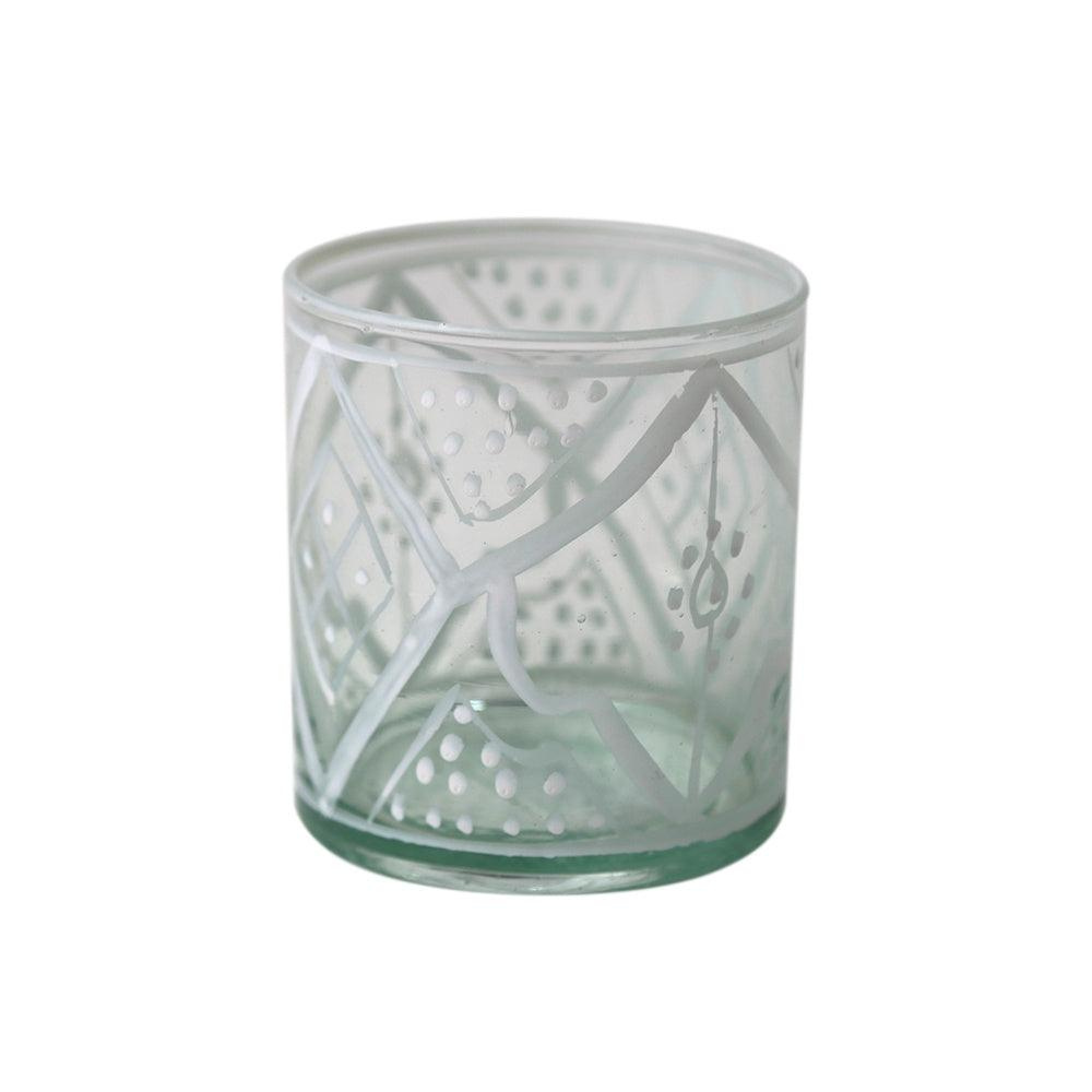 Marrakesh Patterned Low Tumbler Glass: Stylish glass candle holder with intricate design, perfect for elegant table setups at events and gatherings.