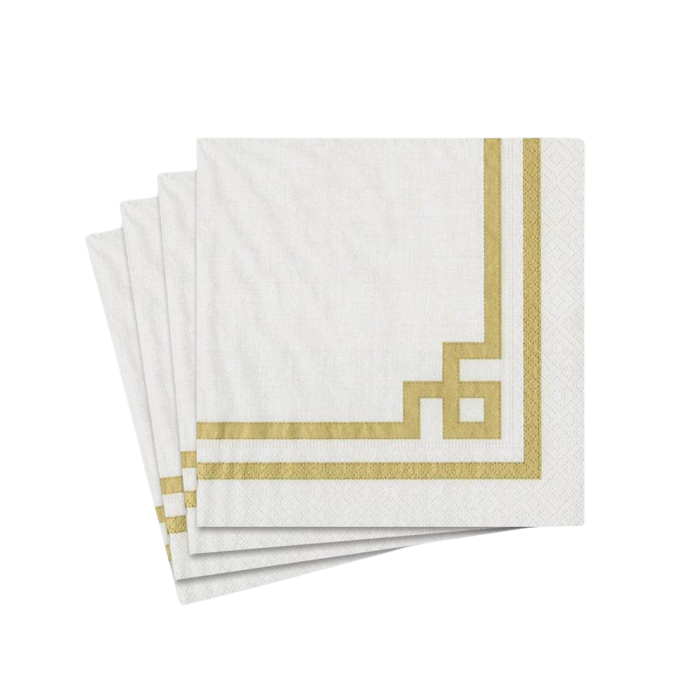 Rive Gauche Paper Cocktail Napkins in Gold &amp; White - 20 Per Package, featuring a stack of triple-ply napkins with elegant gold trim.