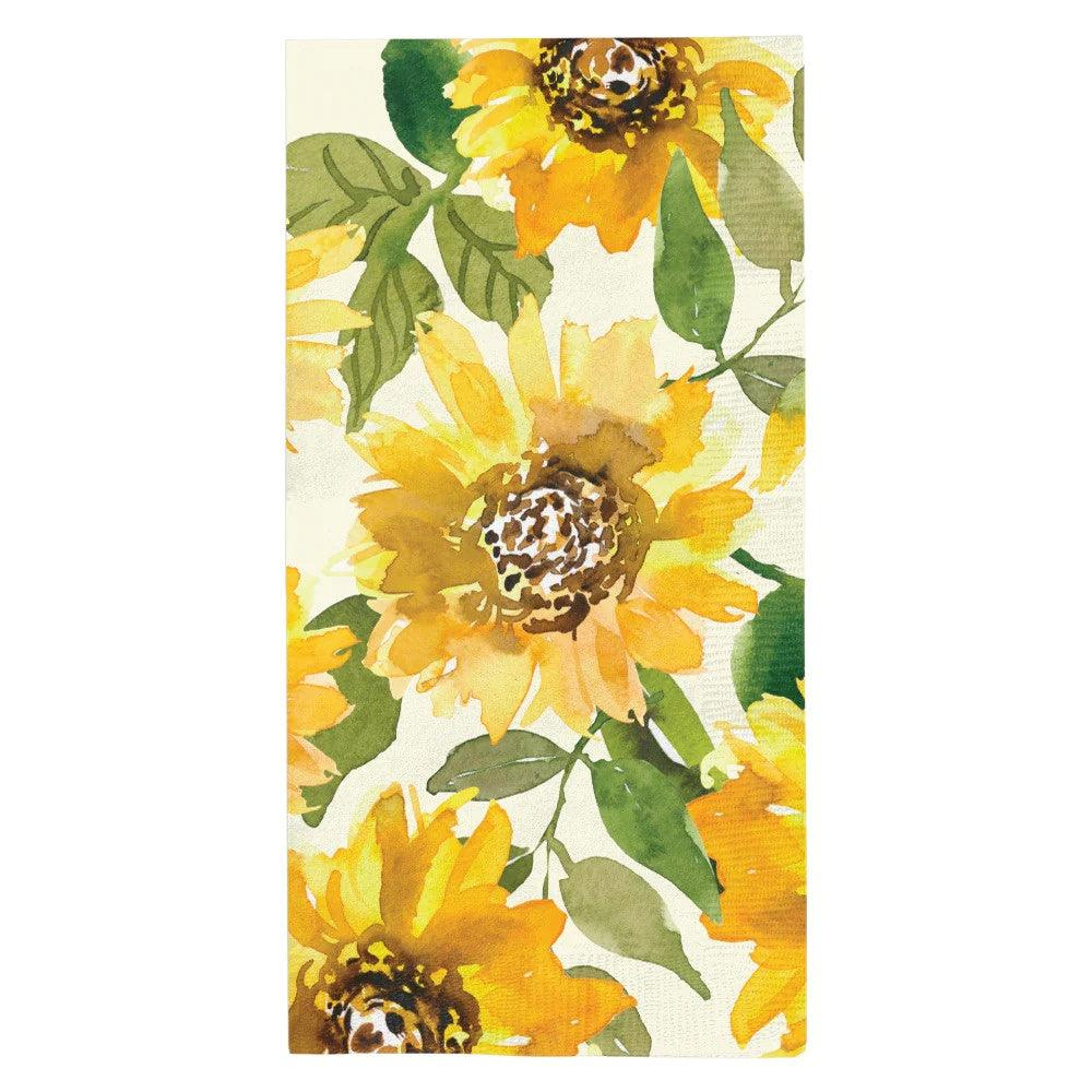 Sunflower Paper Guest Towel Napkins - 20 per package, featuring a close-up of a sunflower design, ideal for adding elegance to any party setup.