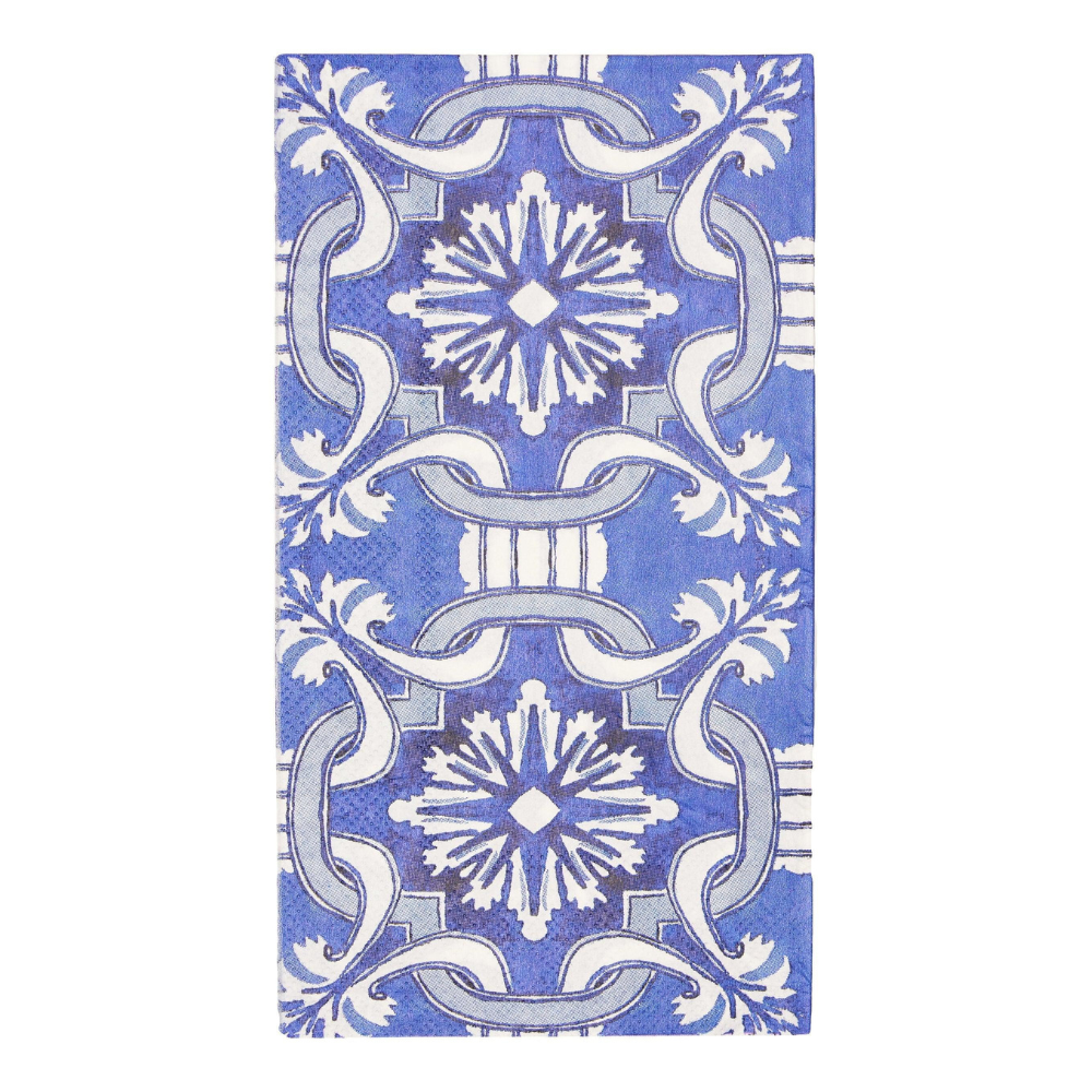 Moroccan Nights Paper Guest Towel Napkins- 20 Per Package, featuring intricate blue and white patterns, perfect for adding elegance to any party.
