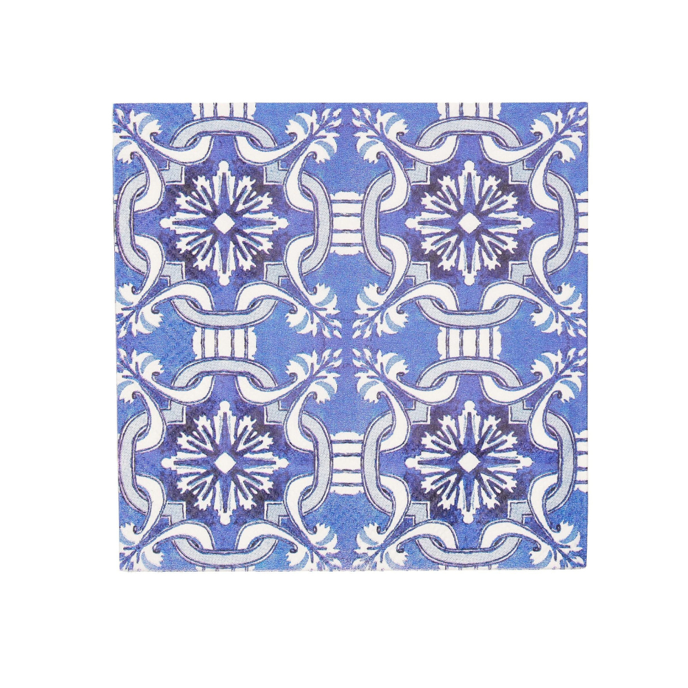 Moroccan Nights Paper Cocktail Napkins - 20 Per Package, featuring an intricate blue and white tile pattern, perfect for adding elegance to any party setup.