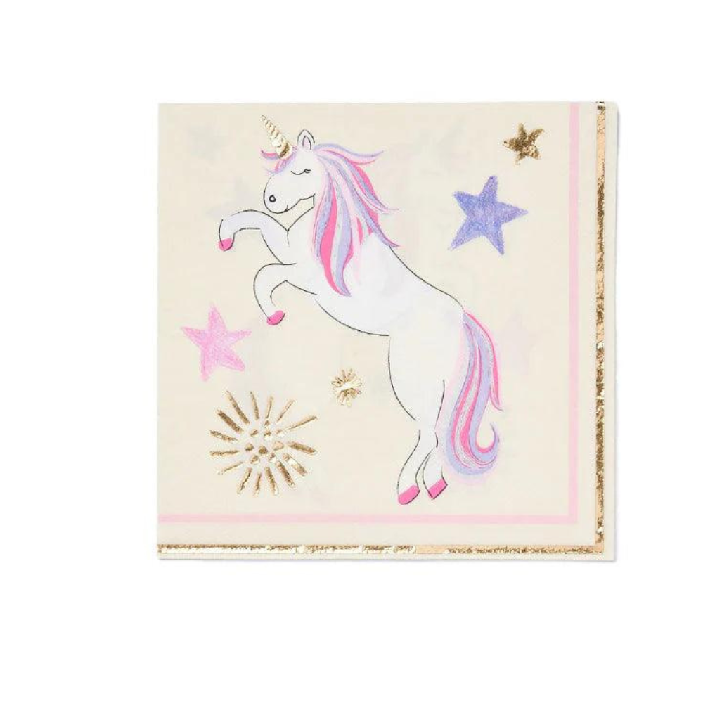 Dreams Come True Paper Luncheon Napkins featuring a unicorn and stars, perfect for adding elegance to any party. Package includes 16 napkins.