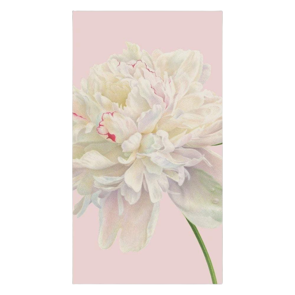 Close-up of Duchess Peonies Paper Guest Towel Napkins in Blush, featuring elegant floral design. 15 triple-ply, eco-friendly napkins per package, perfect for stylish events.
