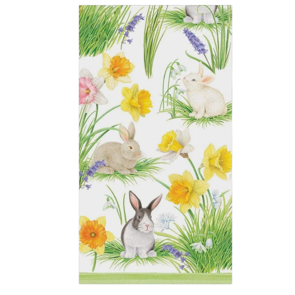 Bunnies and Daffodils Paper Guest Towel Napkins featuring rabbits and flowers, triple-ply, eco-friendly, and durable. 15 napkins per package.