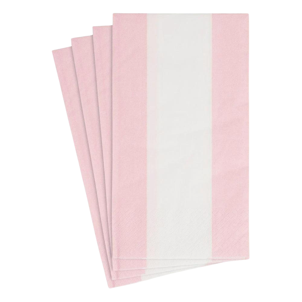 Bandol Stripe Paper Guest Towel Napkins - 15 Per Package: A stack of pink and white striped, triple-ply napkins, FSC-certified, eco-friendly, designed for elegant occasions.