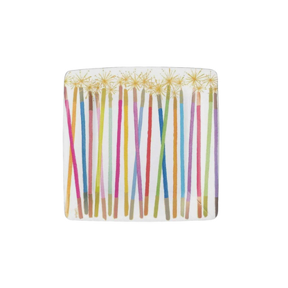 Square paper plate with colorful candle sticks, part of the Party Candles collection for salads and desserts, available in 8 per package from Party Social.