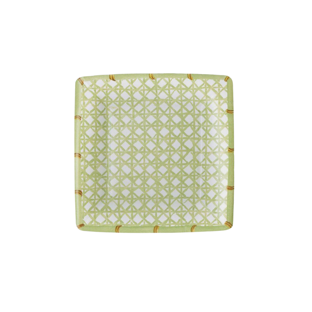 Holly Trellis Square Paper Salad & Dessert Plates - 8 Per Package, featuring an elegant patterned design, ideal for elevating any party or special occasion table setting.