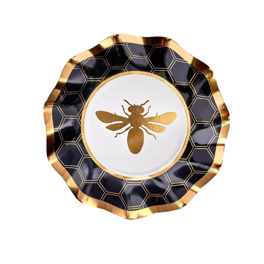 HoneyBee Paper Appetizer & Dessert Bowl - 8 per package, featuring ruffled edges and metallic gold rim, perfect for elegant events.