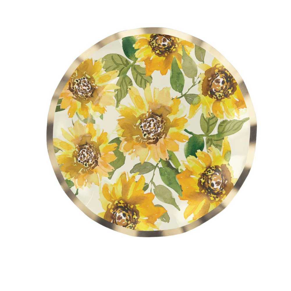 Sunflower Paper Salad &amp; Dessert Plate with foil edge, showcasing a sunflower design. Perfect for adding elegance to any event. Pack of 8.