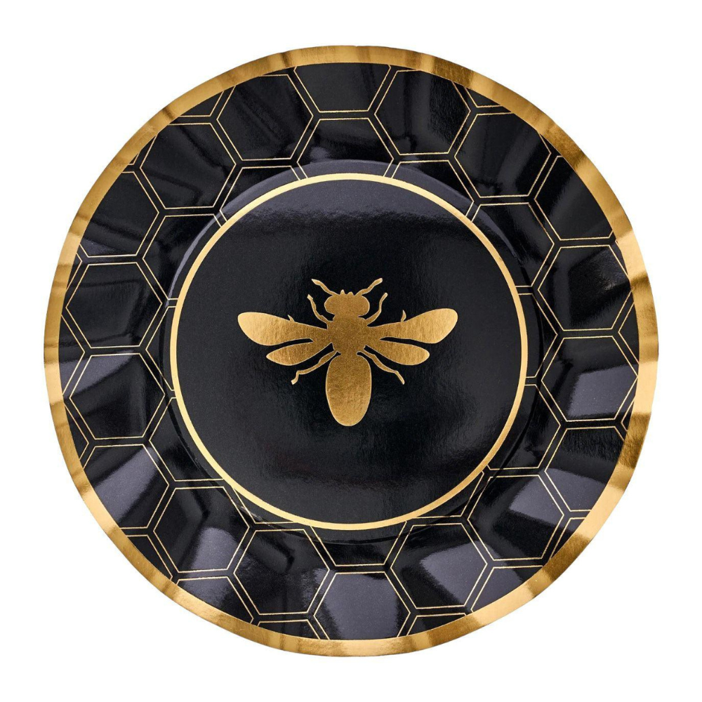 HoneyBee Paper Dinner Plate: Black plate with gold rim and bee design, perfect for adding elegance to events. Comes in a pack of 8.