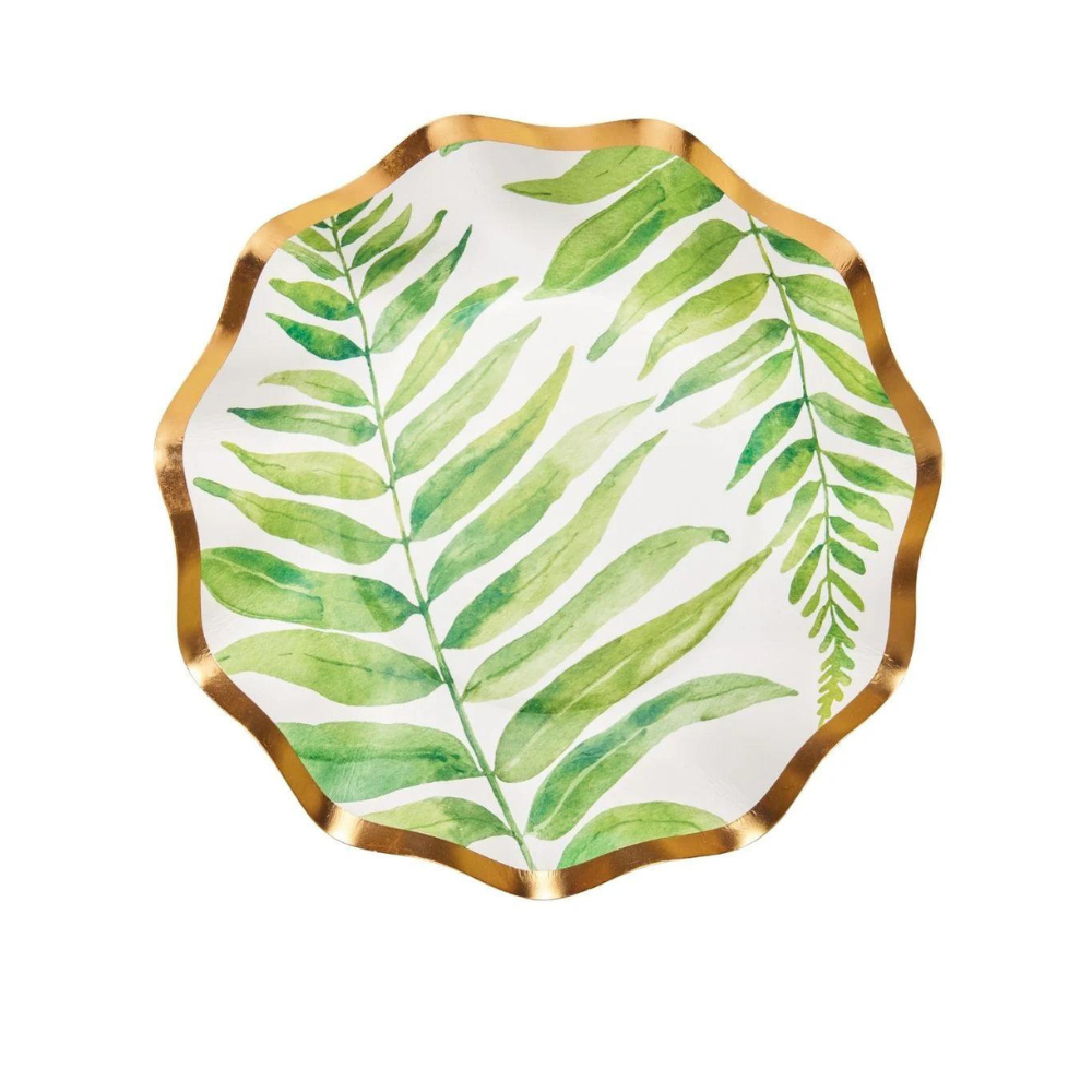 Fern &amp; Foliage Paper Appetizer &amp; Dessert Bowl with green leaves and gold foil trim, perfect for elegant events. Pack of 8.