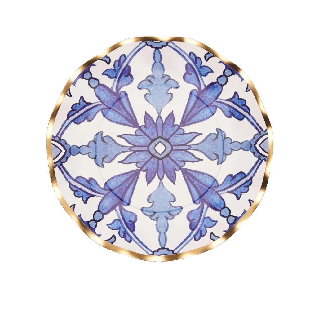 Moroccan Nights Paper Salad &amp; Dessert Plate featuring a blue and white Moroccan tile-inspired pattern with metallic gold ruffled edges, 8-pack.