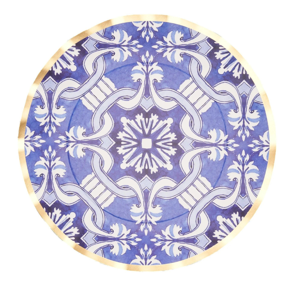 Moroccan Nights Paper Dinner Plate- 8 Per Package: Blue and white plate with gold trim, featuring an intricate Moroccan tile-inspired pattern. Perfect for elegant events and gatherings.