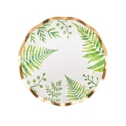 Fern &amp; Foliage Paper Salad &amp; Dessert Plate-8 Per Package: Elegant paper plates with green fern designs and gold foil trim, perfect for enhancing any event.