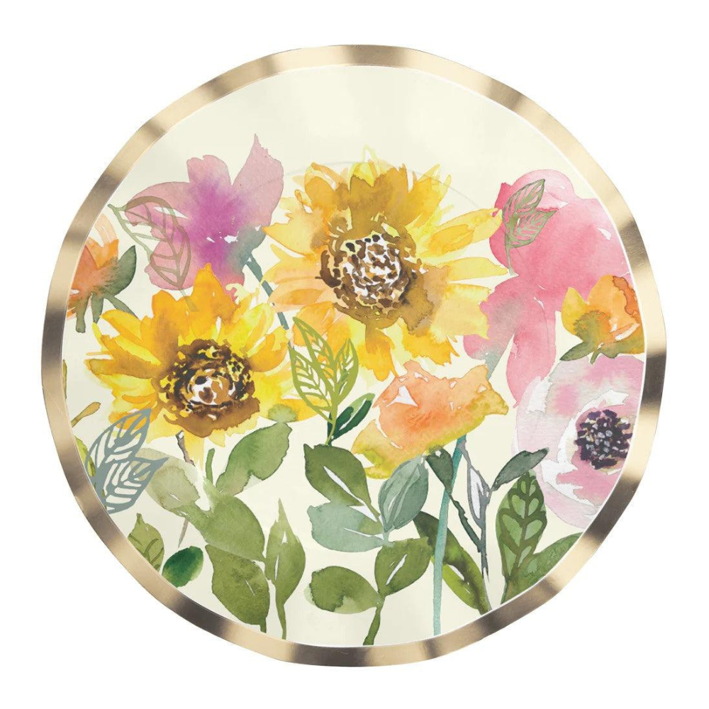 Sunflower Paper Dinner Plate: Elegant paper plate featuring a watercolor sunflower with ruffled foil edges, perfect for special events. Pack of 8.