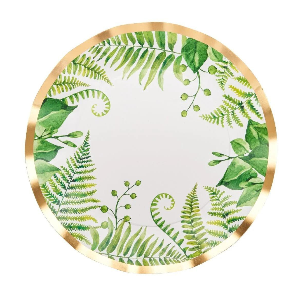 Fern &amp; Foliage Paper Dinner Plate with green leaves and gold foil trim, perfect for adding elegance to events. Comes in an 8-pack.