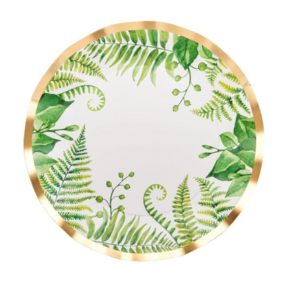 Fern &amp; Foliage Paper Dinner Plate with green leaves and gold foil trim, perfect for adding elegance to events. Comes in an 8-pack.