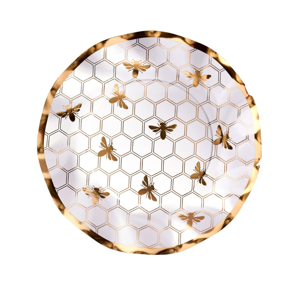 HoneyBee Paper Salad & Dessert Plate featuring gold bees and ruffled edges; perfect for adding elegance to any event. Pack of 8.