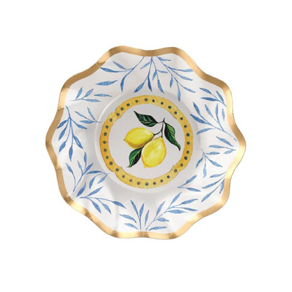 Capri Coast Paper Appetizer &amp; Dessert Bowl with intricate blue pattern and lemon design, ruffled foil edge, perfect for elegant events. 8 per package.