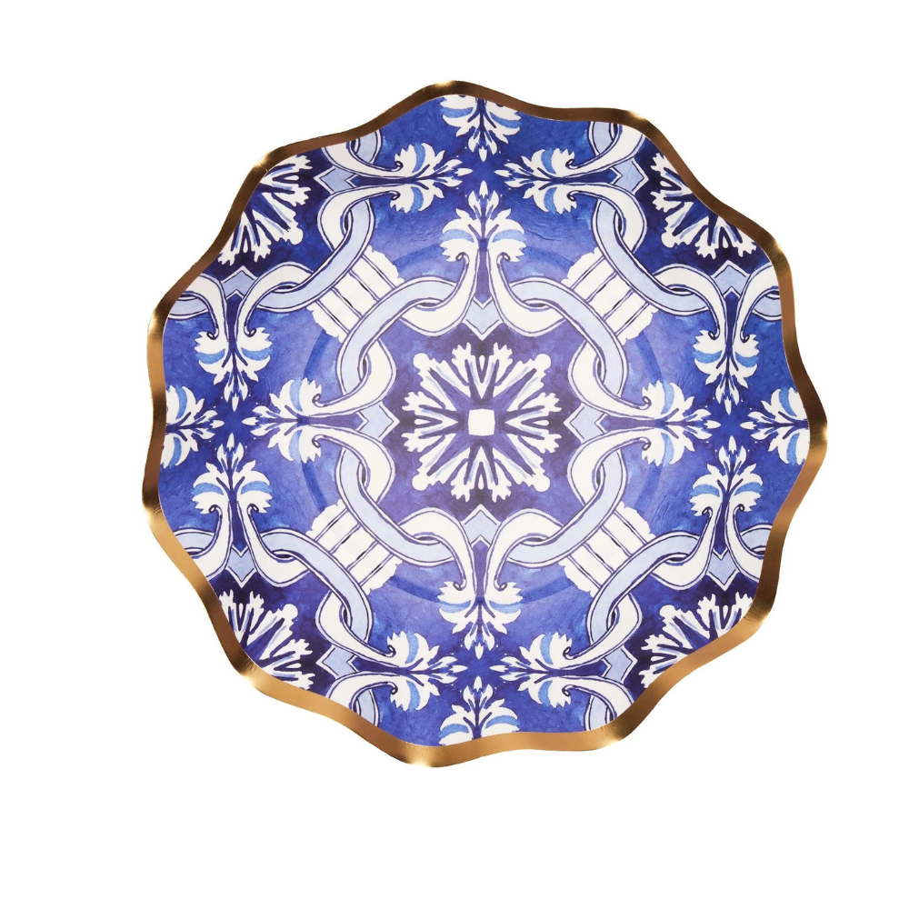 Moroccan Nights Paper Appetizer &amp; Dessert Bowl, blue and white with gold trim, featuring a Moroccan tile pattern; 8 per package.