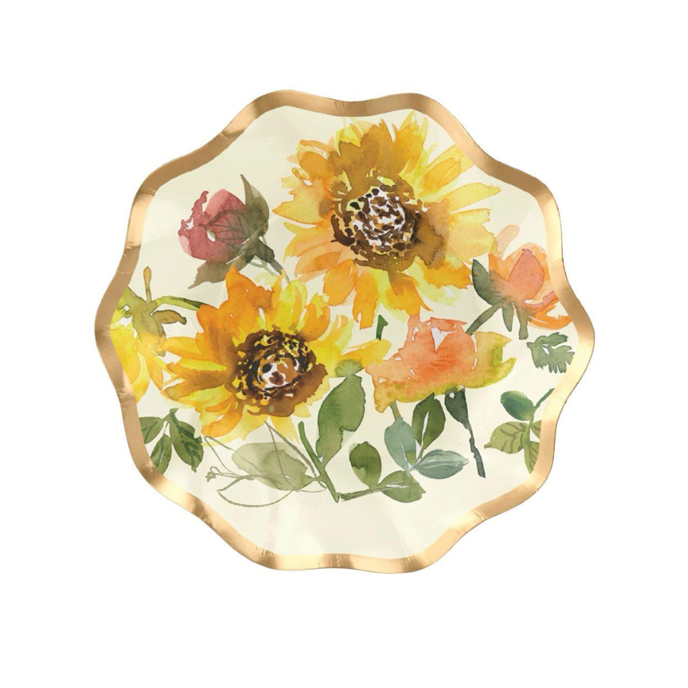 Sunflower Paper Appetizer &amp; Dessert Bowl- 8 Per Package, featuring ruffled foil edges and painted sunflowers, perfect for adding elegance to any event.