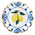 Capri Coast Paper Dinner Plate (8pcs) featuring ruffled foil edges, intricate blue patterns, and lemon designs on a white background, ideal for elegant events.