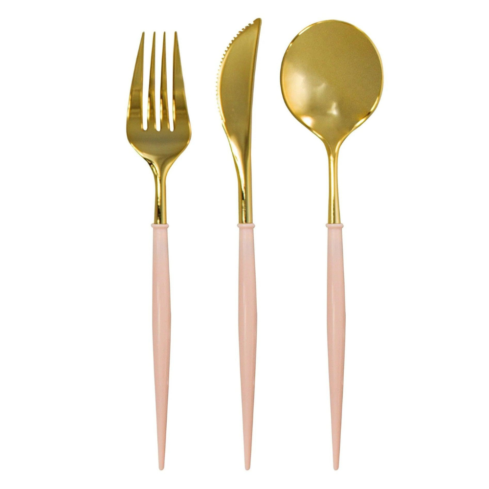 Bella Plastic Cutlery in Gold and Pink: a sleek, modern disposable set including a spoon, fork, and knife, perfect for elevating any dining event.