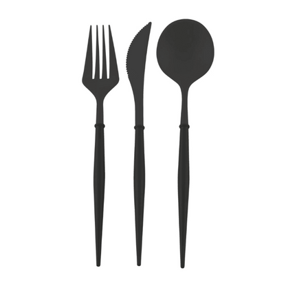 Bella Plastic Cutlery in Black by Sophistiplate, featuring a sleek spoon, fork, and knife, perfect for elevating any table setting or event.