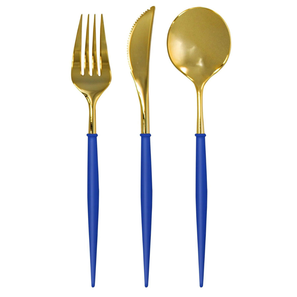 Bella Plastic Cutlery in Gold and Blue: A sleek set of disposable knife, fork, and spoon, perfect for elevating any special event.