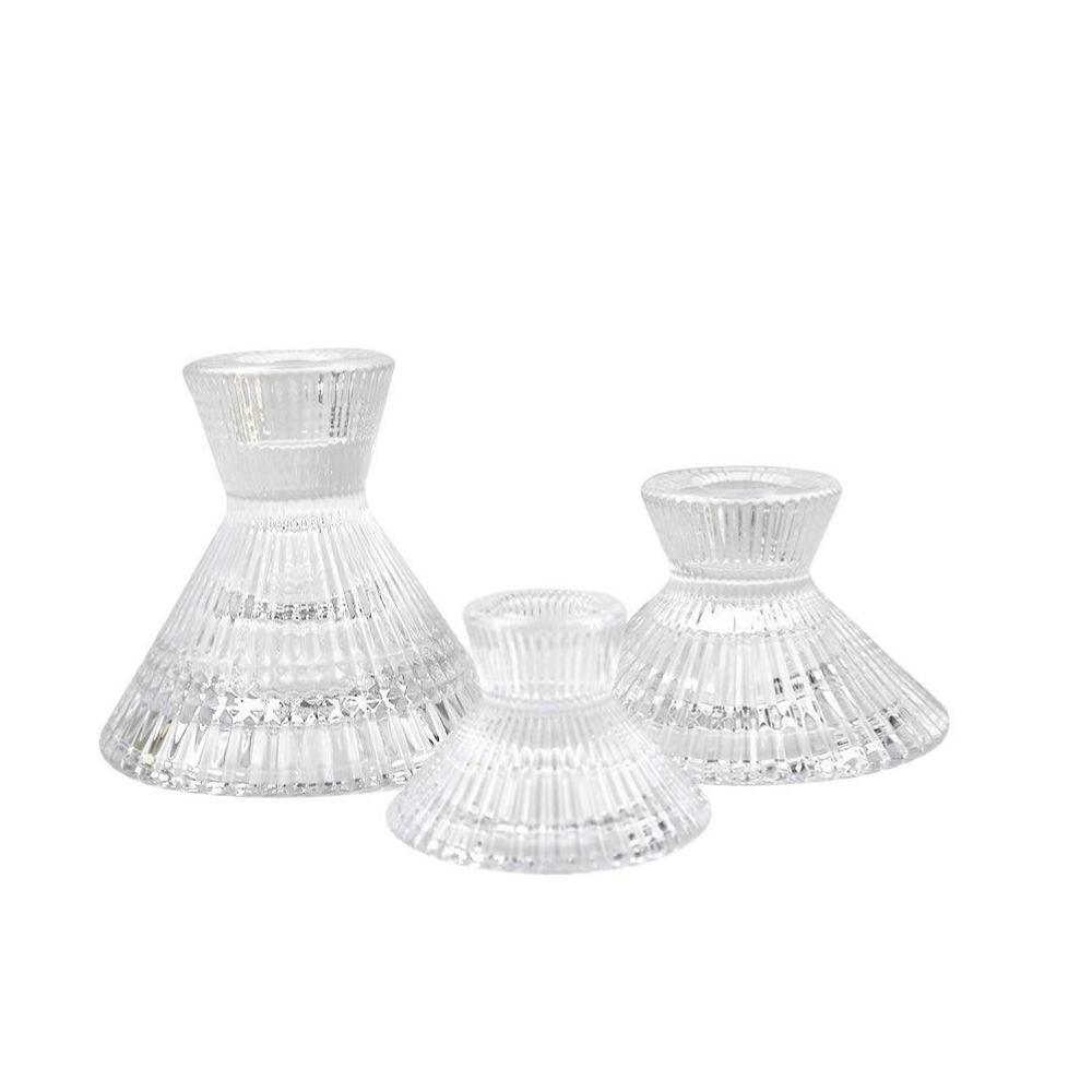 Ruffles Glass Candle Holder, 1 Each: Elegant clear glass candlesticks in a group, perfect for enhancing party and event table setups.