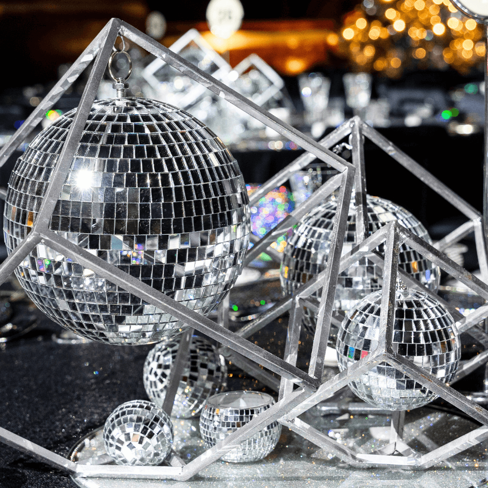 Disco Balls in various sizes, ideal for adding a touch of style to events. Perfect for enhancing the ambiance at parties and celebrations.