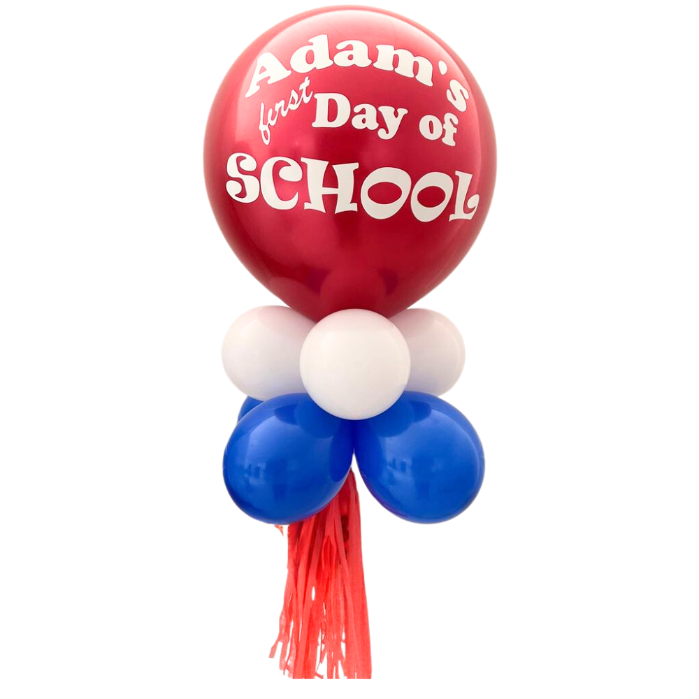 Personalised Back to School Balloon Wand - Metallic, featuring a red balloon with white text, surrounded by smaller coordinating balloons, perfect for creating lasting memories.