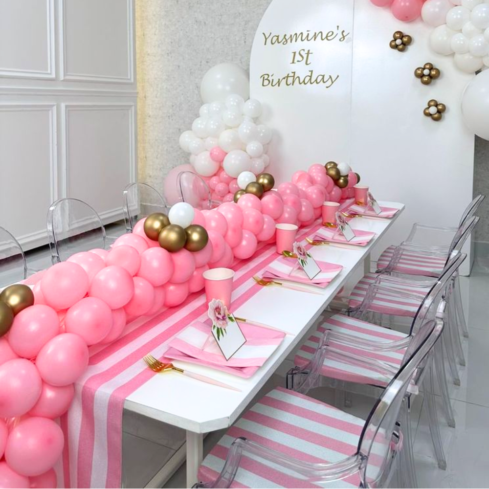 Yellow Balloon Runner on a decorated table with pink and white balloons, ideal for kids&