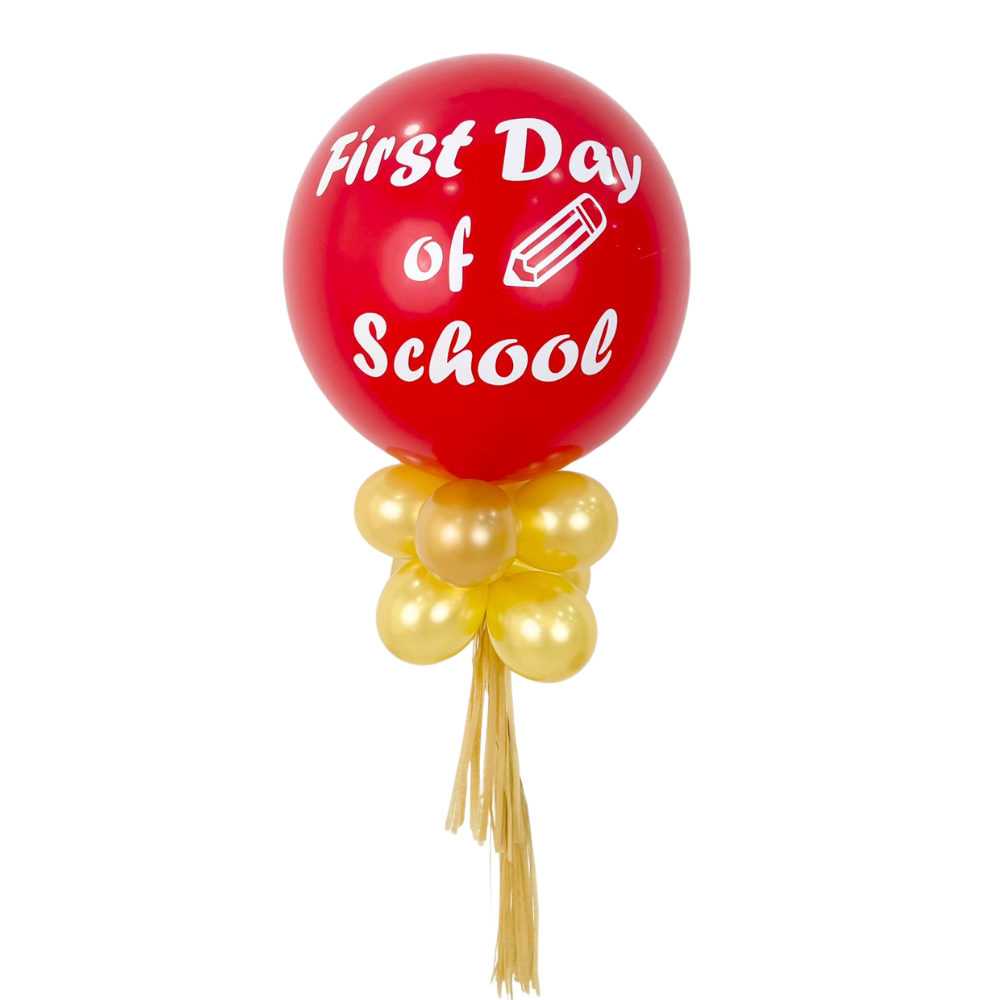 First Day of School Balloon Wand with a red balloon and white text, ideal for photo props and back-to-school celebrations.