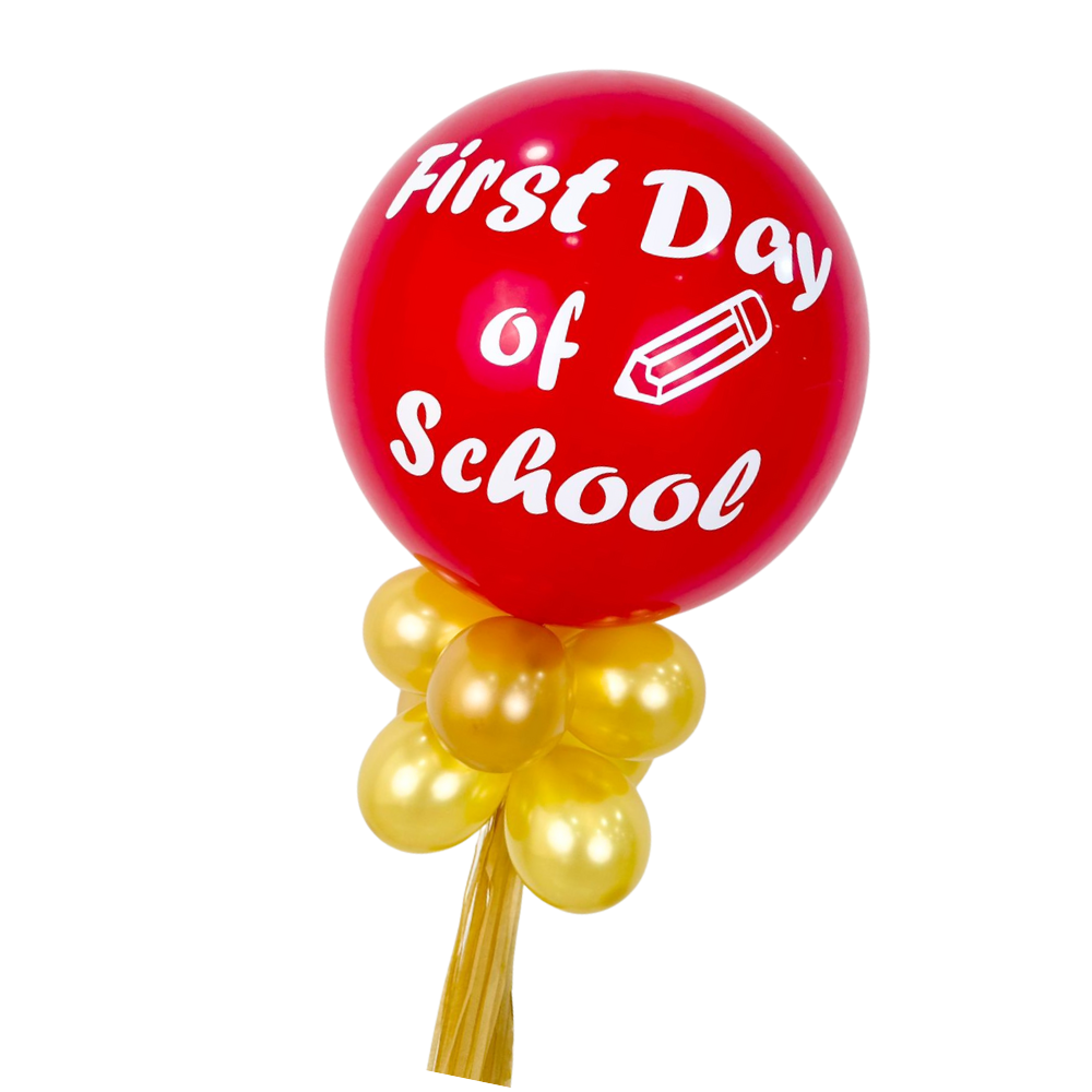 First Day of School Balloon Wand featuring a red balloon with white text, surrounded by smaller coordinating balloons, ideal for photo props and creating lasting memories.