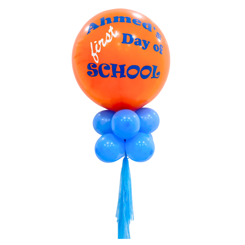 Personalised Back to School Balloon Wand featuring an 18-inch balloon with custom blue text, surrounded by smaller balloons, perfect as a photo prop for memorable school moments.