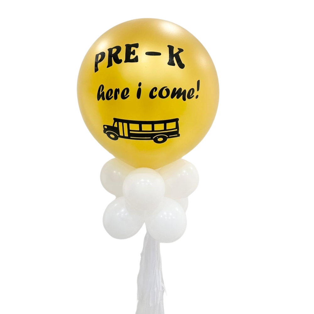 Personalised Back to School Balloon Wand featuring a yellow balloon with a bus design, surrounded by smaller balloons, perfect for first-day-of-school photos.