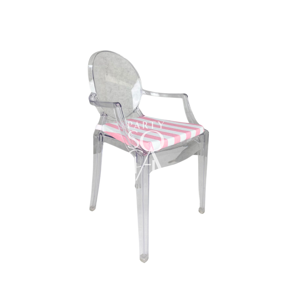Mini Ghost Chair with Pink Stripes Cushion, a clear plastic chair ideal for children&