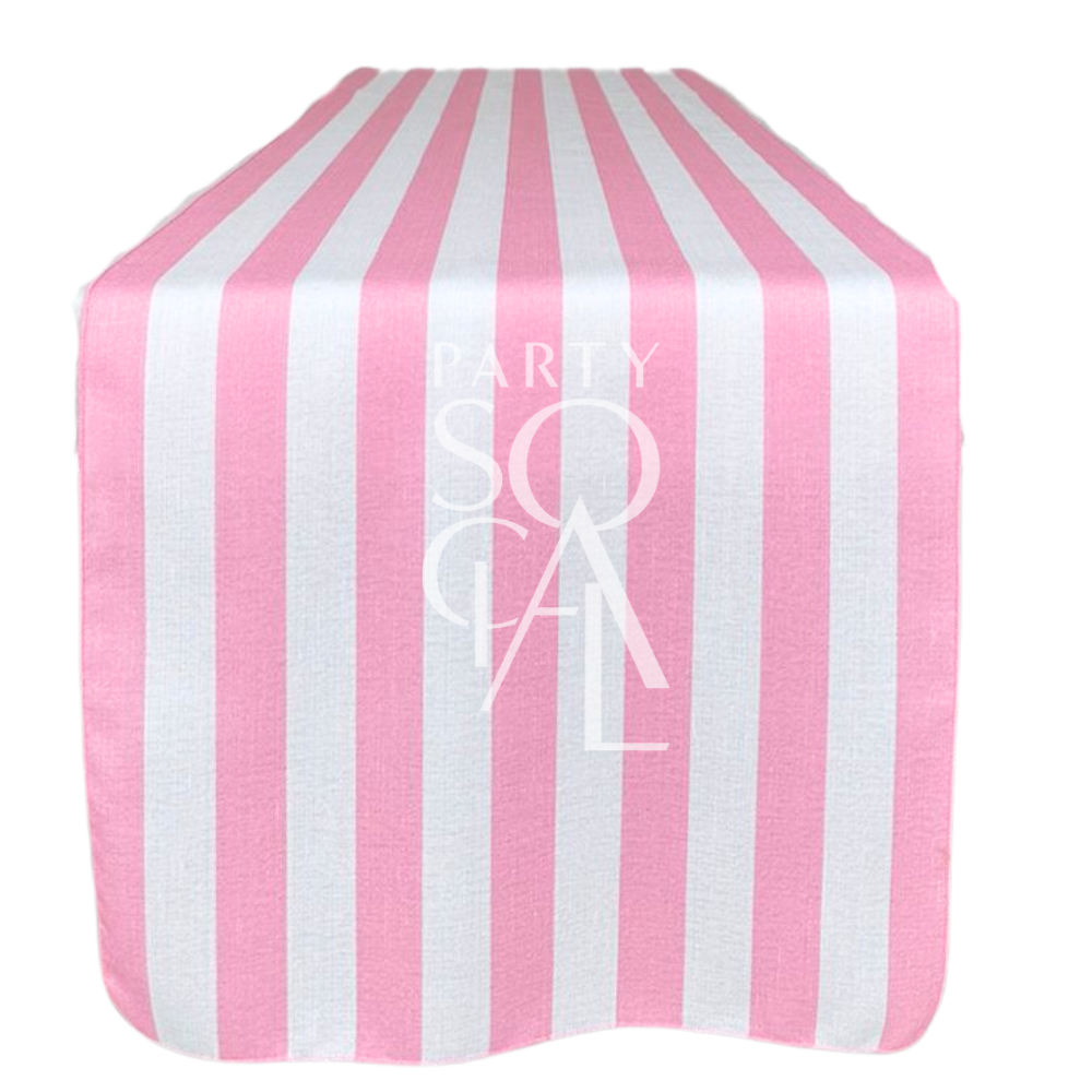 Pink Stripes Table Runner with pink and white stripes, perfect for adding elegance to event tabletops, suitable for weddings and special occasions.