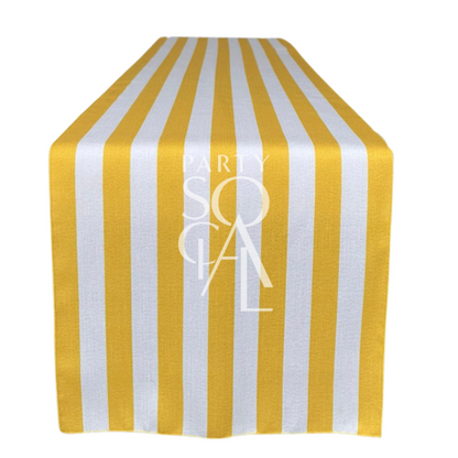 Yellow Stripes Table Runner on display, perfect for elevating event tabletops with its premium linen and stylish design. Ideal for special occasions.