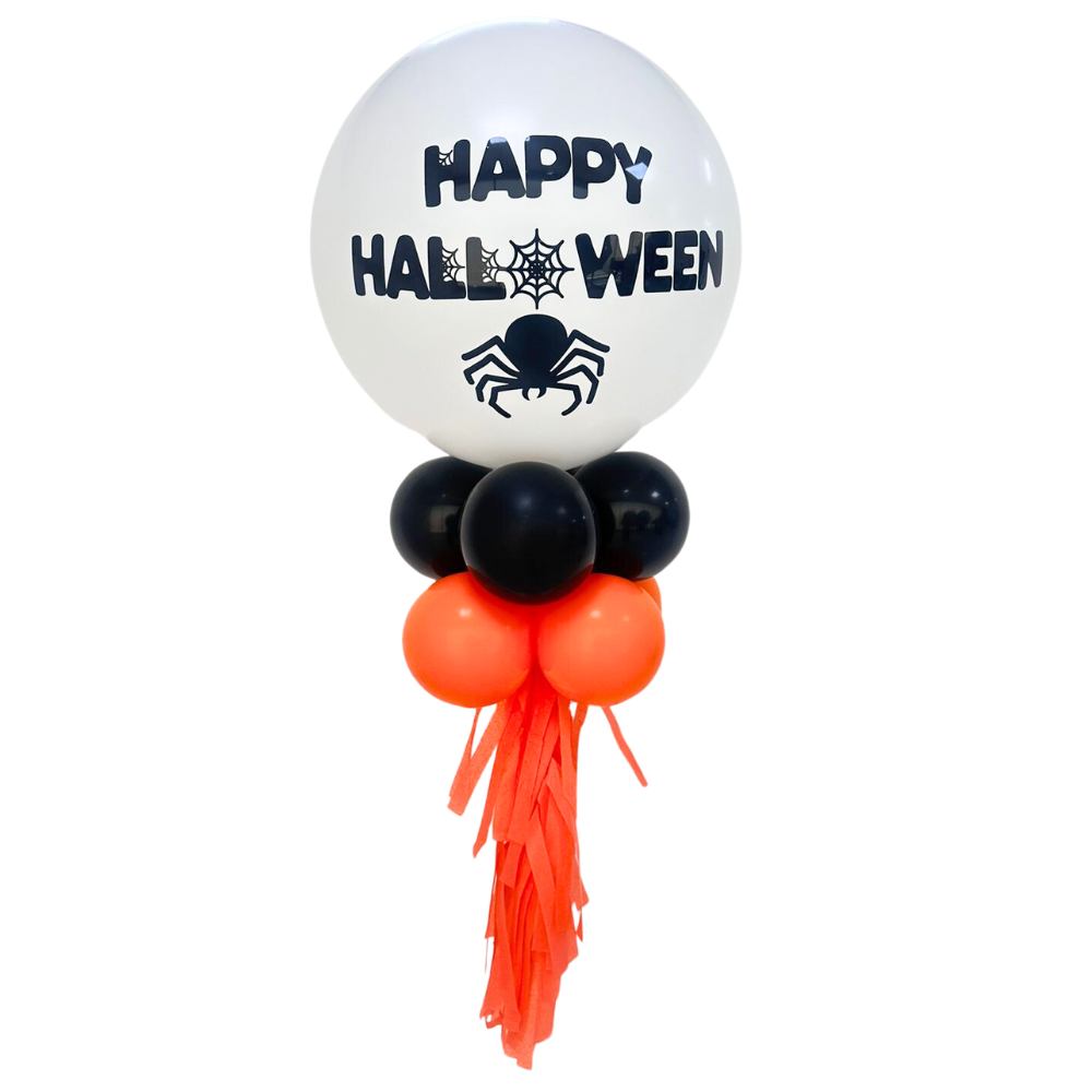 Personalized Halloween Balloon Wand featuring a 24-inch balloon with a spider design, complemented by 12-inch coordinating balloons and a customizable sticker. Perfect for party decorations.