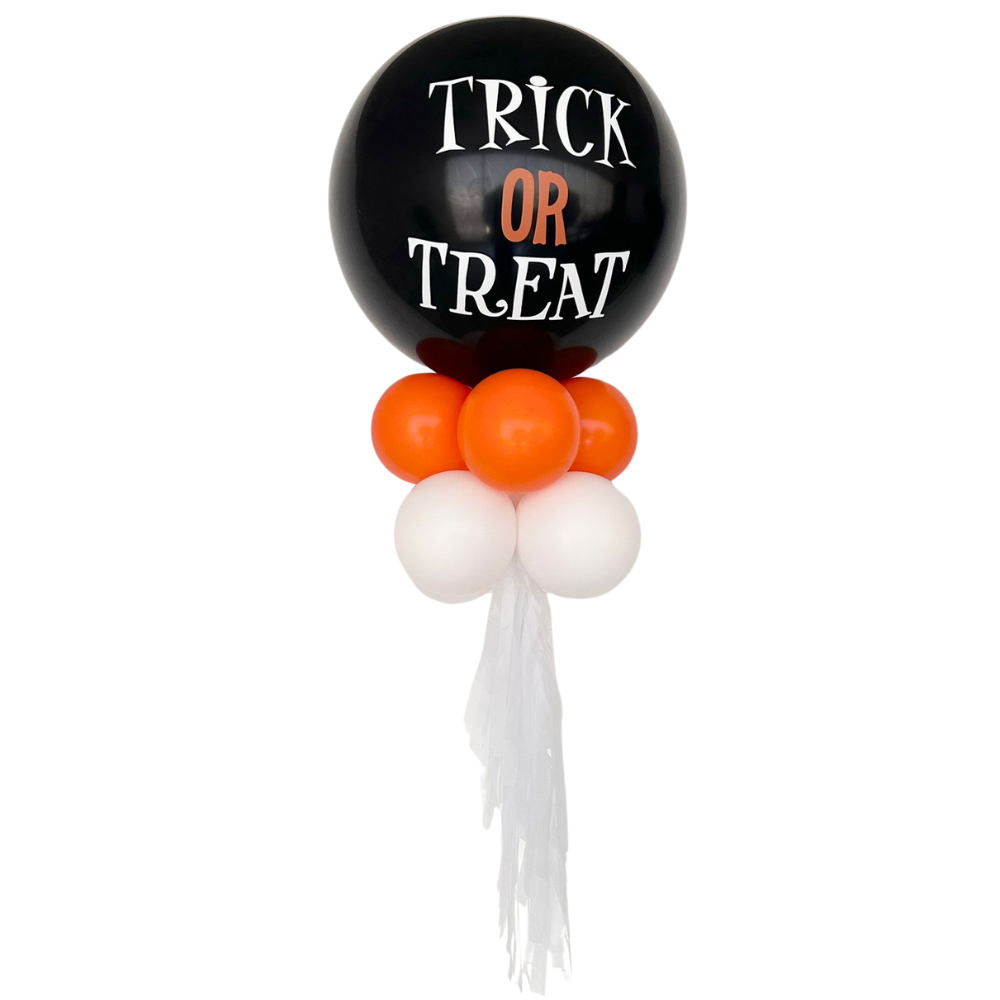 Personalized Halloween Balloon Wand featuring a large black balloon with white text, accompanied by smaller orange balloons, perfect for party photos.